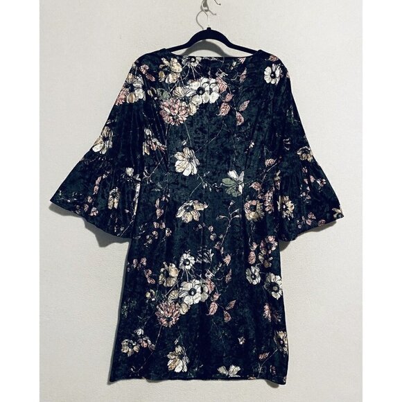 Chicos Dress Womens Medium Black Velvet Floral Puffy Bell Sleeve Shift Boho - Picture 4 of 6